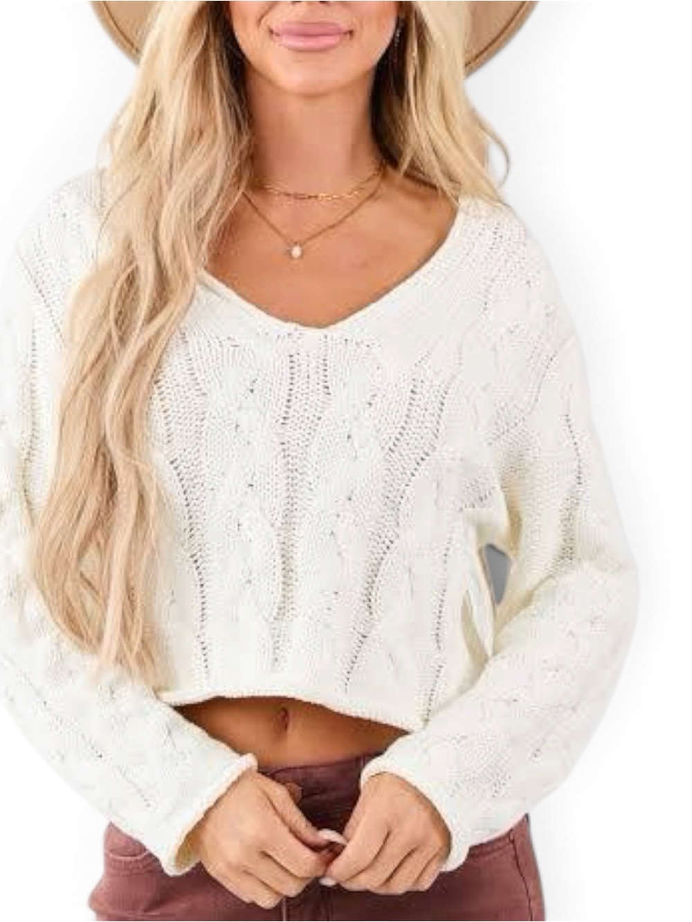 J.Crew Cropped V-Neck Cable-Knit Sweater White Size L